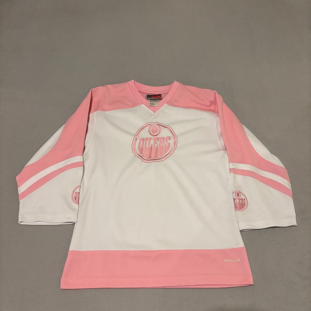 Pink & White Edmonton Oilers Girls Reebok Hockey Fashion NHL Jersey Youth Large
